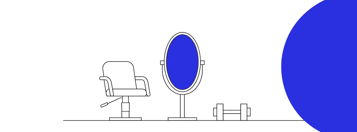 Line illustration of a salon chair, a standing oval mirror and a dumbbell, with the mirror filled solid ultramarine.