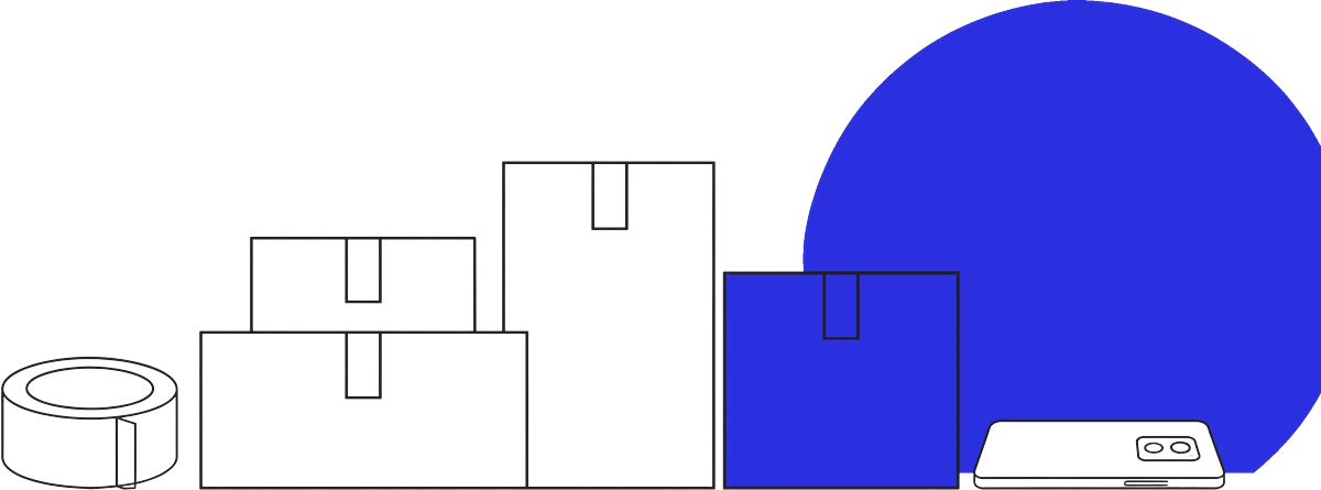 Line illustration of stacked shipping parcels, a roll of packing tape and a phone, with one parcel filled solid ultramarine.