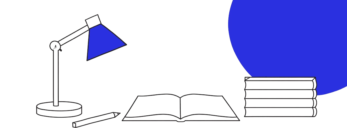 Line illustration of a desk lamp, a pencil, an open book and a stack of books, with the lamp shade filled solid ultramarine.