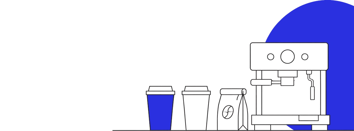 Line illustration of an espresso machine, two takeaway cups and a bag of coffee beans, with one cup filled solid ultramarine.