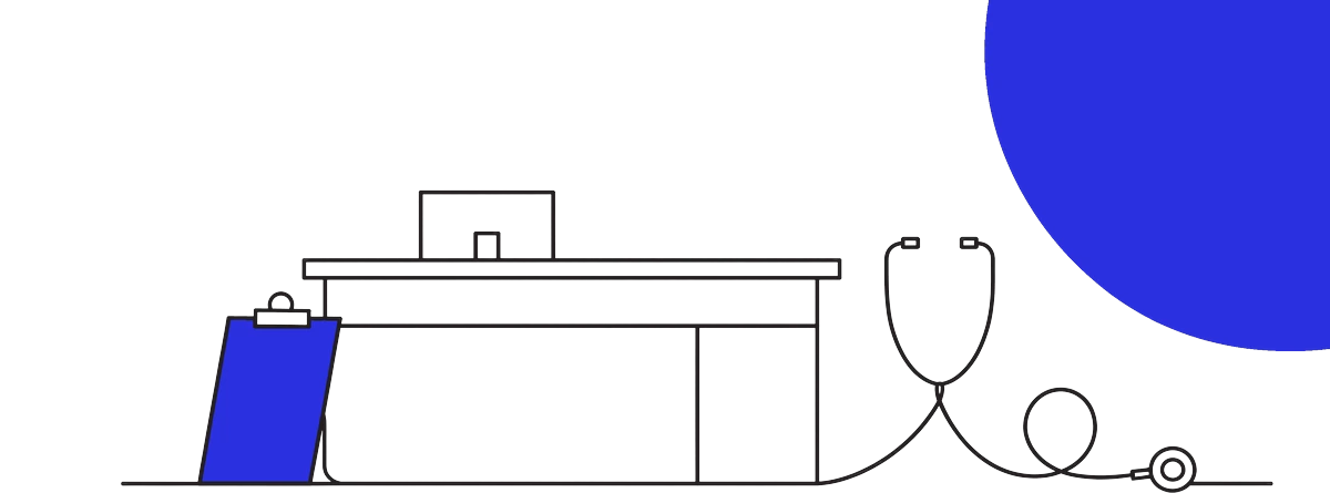 Line illustration of a clinic reception desk, a clipboard and a stethoscope, with the clipboard filled solid ultramarine.