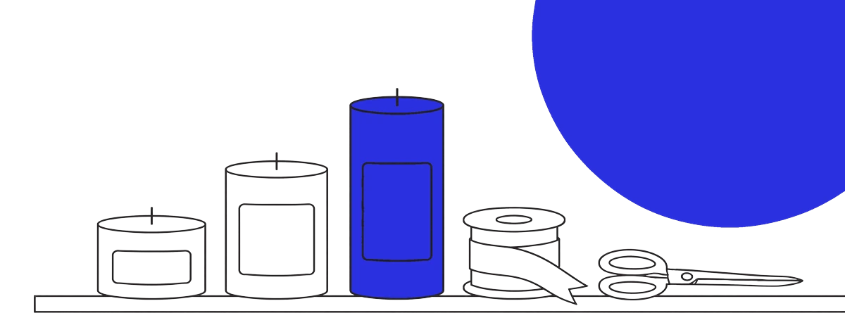 Line illustration of three candle jars, a spool of ribbon and a pair of scissors, with the tallest candle filled solid ultramarine.
