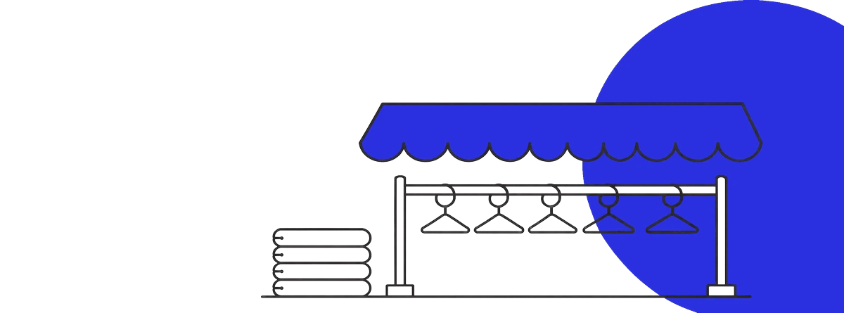 Line illustration of a shopfront awning over a clothing rail of hangers beside a folded stack, with the awning filled solid ultramarine.
